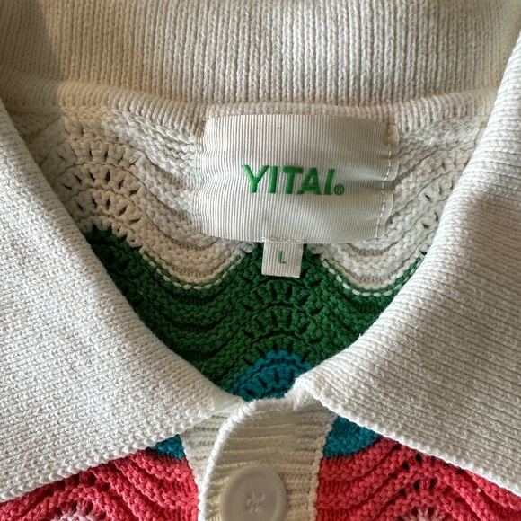 YITAI Short-Sleeve Cardigan Sweater β L (White/Pink/Blue/Green Vestron Stripes) - Picture 2 of 5